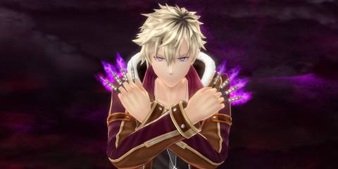 fierce blonde fighter with glowing purple claws prepares for battle against a dark backdrop in Trails of Cold Steel 4