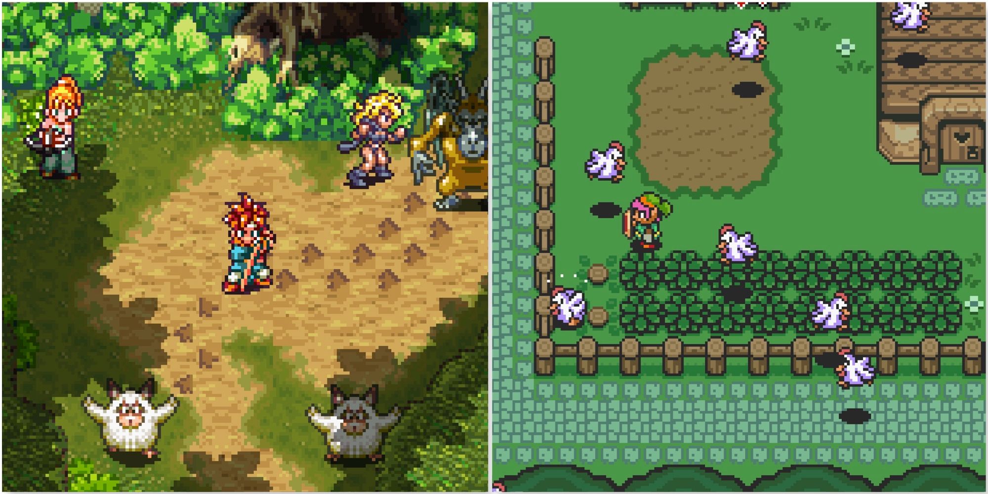 Fighting a battle in Chrono Trigger and Fighting chickens in The Legend of Zelda A Link to the Past