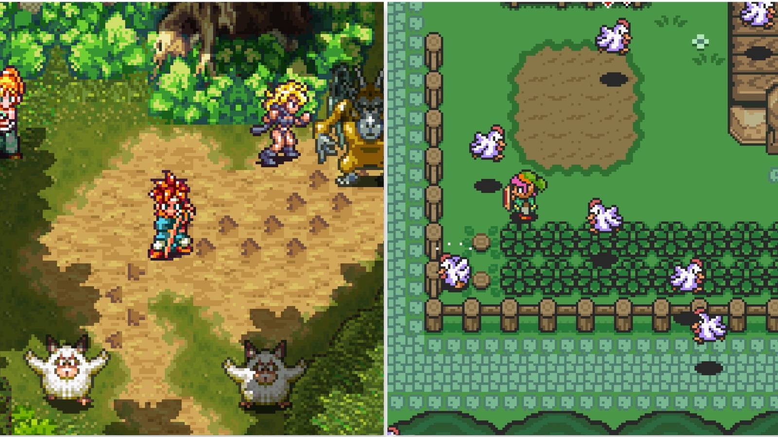 Fighting a battle in Chrono Trigger and Fighting chickens in The Legend of Zelda A Link to the Past