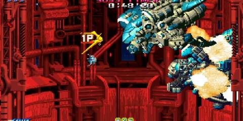 Fighting a boss robot in Blazing Star