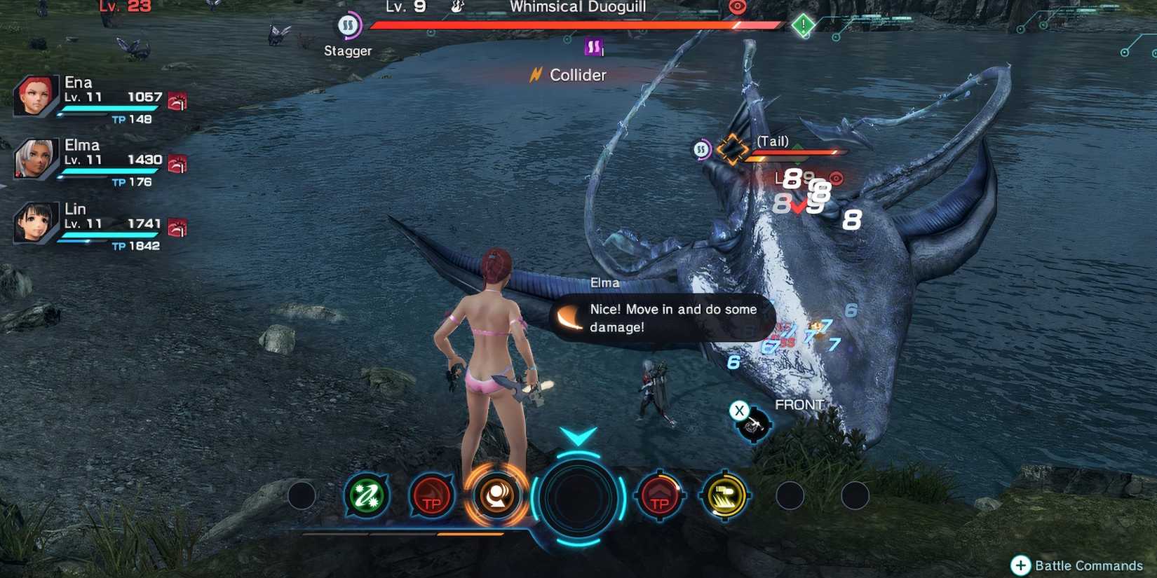 Fighting a monster on a beach in Xenoblade Chronicles X Definitive Edition