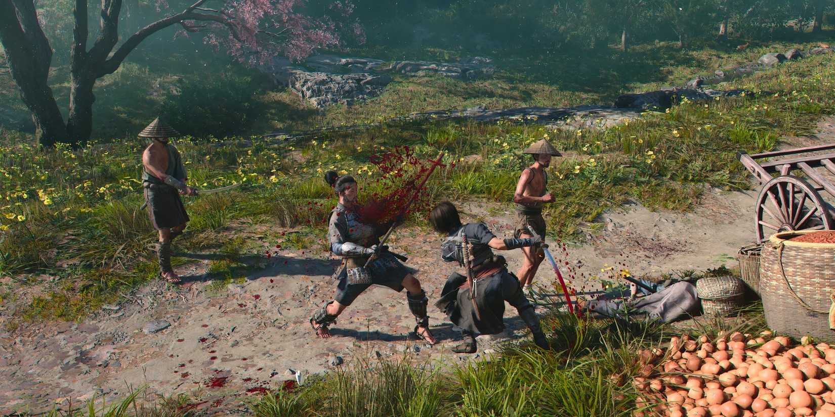 Fighting bandits with a katana in Assassin's Creed Shadows