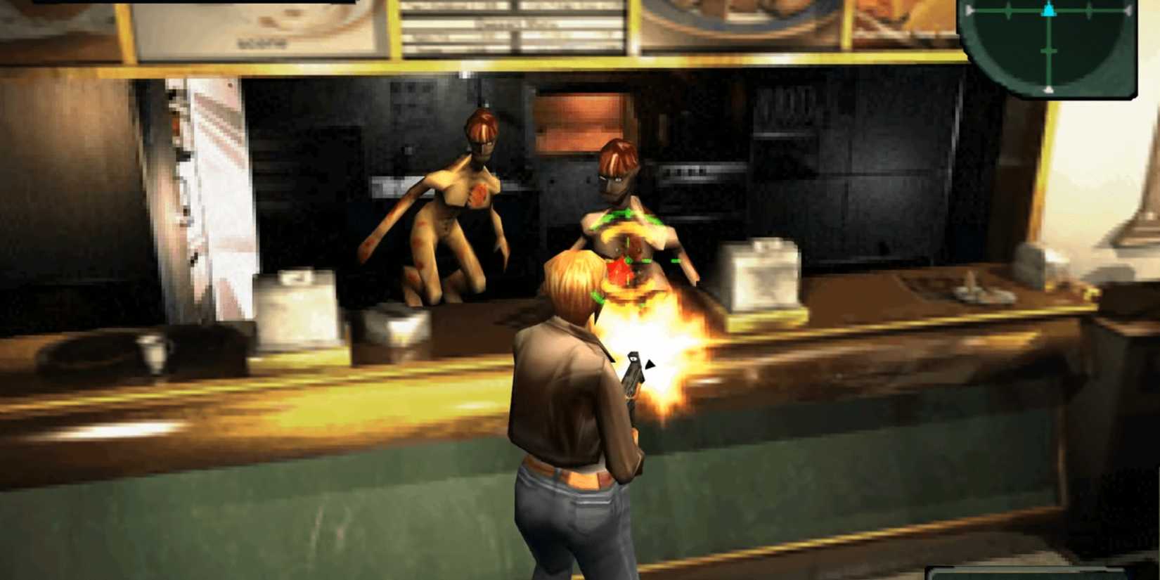 Fighting enemies in a diner in Parasite Eve 2