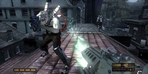 Fighting some Chimera soldiers on a rooftop.