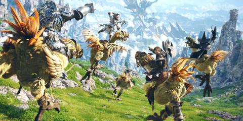 Characters riding Chocobos across a grassly field.