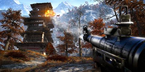 Firing a rocket launcher at a pagoda in Far Cry 4 Escape From Durgesh Prison