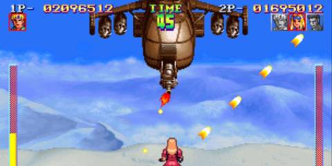 Firing at a boss helicopter in Shock Troopers