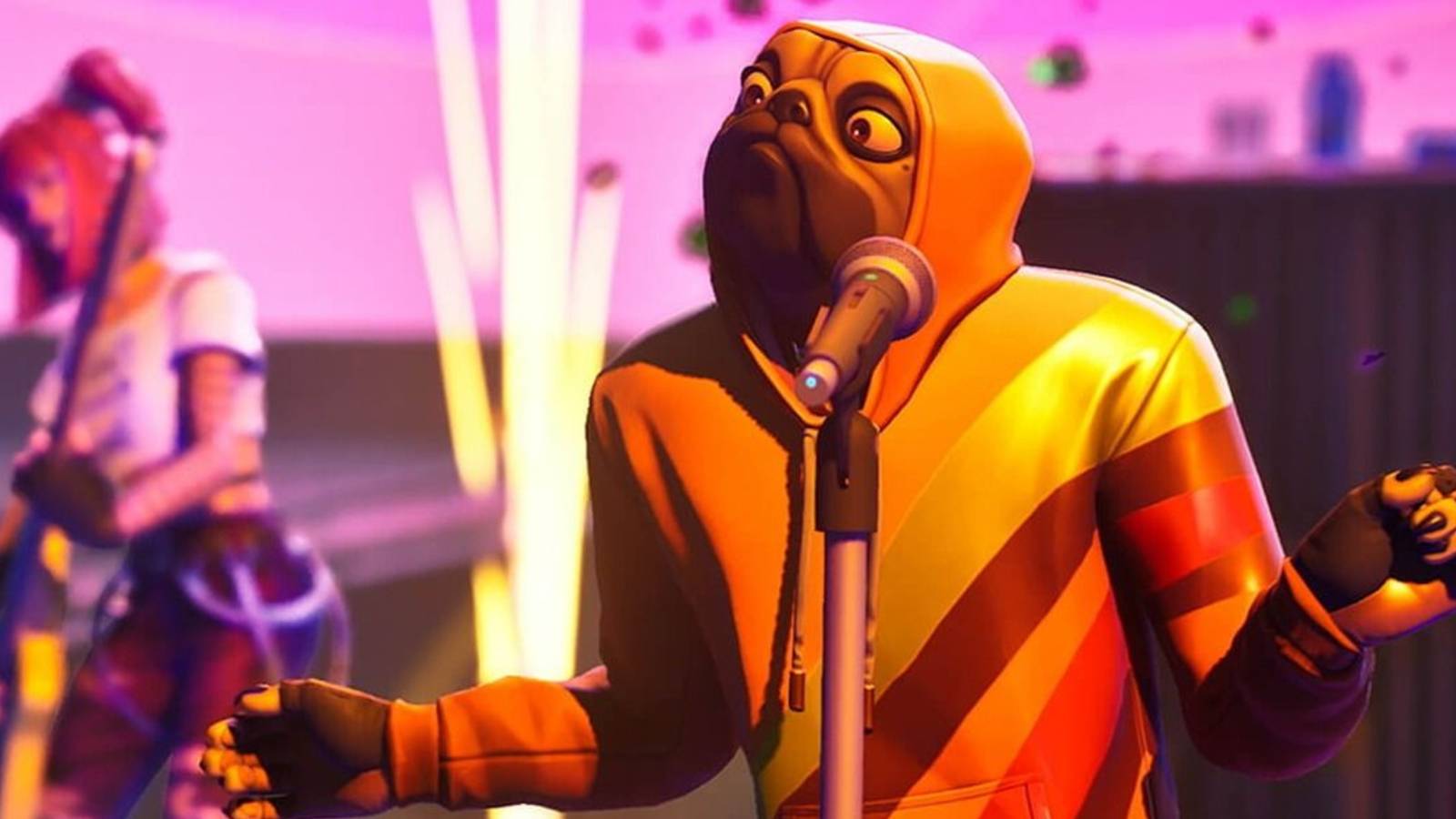 Doggo skin singing Jam Track on Fortnite Festival stage