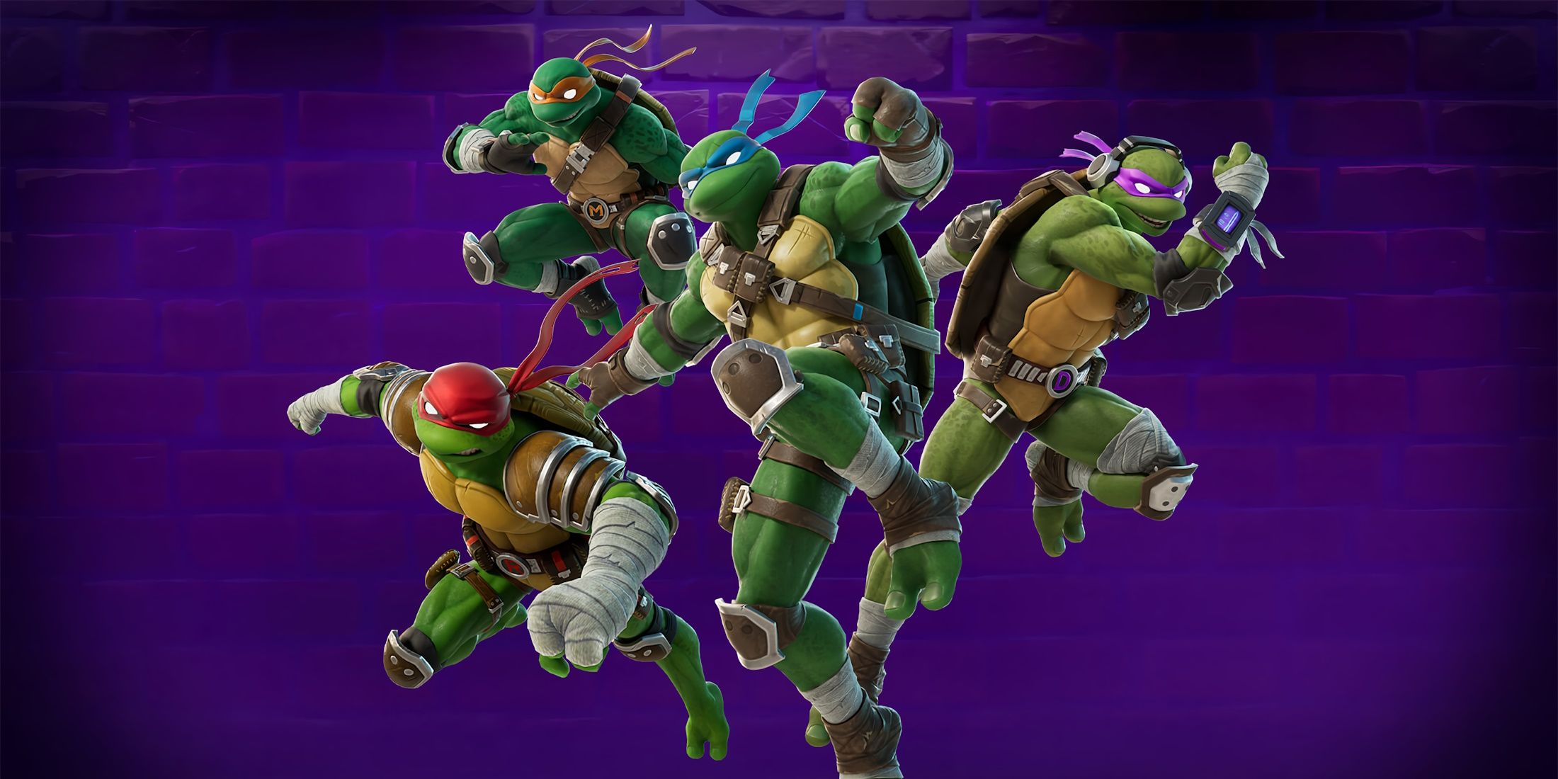 A promotional visual from Fortnite showing the game's Teenage Mutant Ninja Turtles skins.