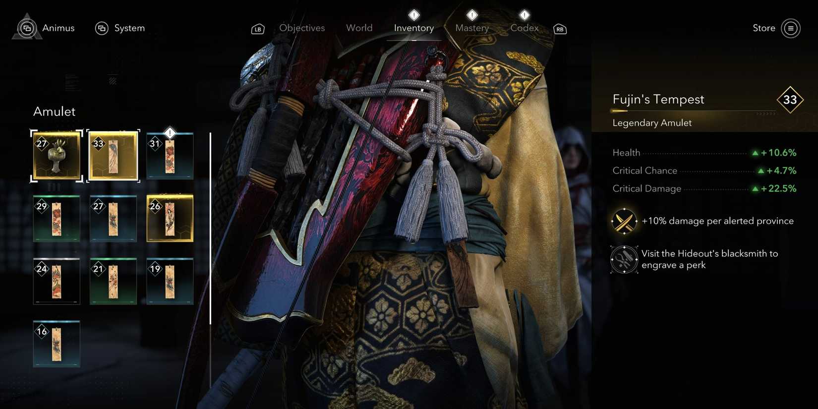 Fujin's Tempest Legendary Amulet Stats in Assassin's Creed Shadows