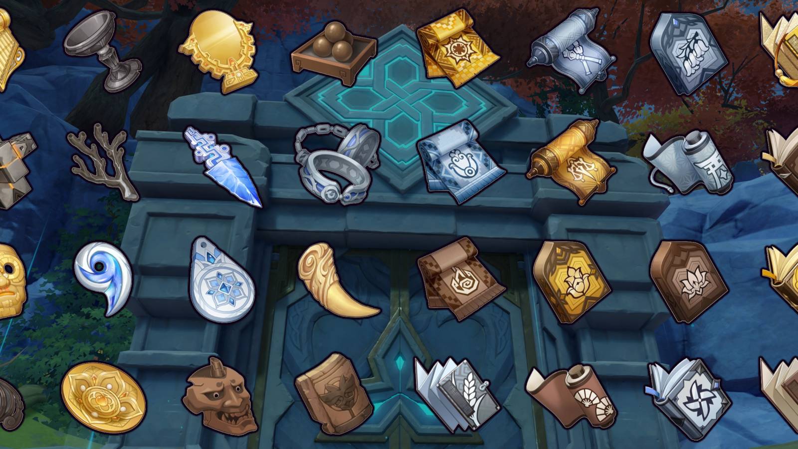 A domain entrance from Genshin Impact overlaid with a collage of character talent books and weapon enhancement materials