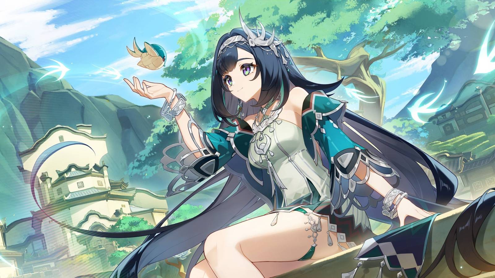 lan yan genshin impact official art sitting and holding an anemo creature