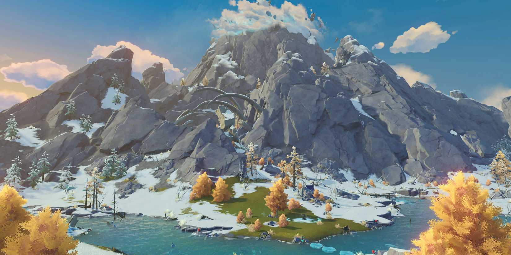 An image from Genshin Impact showing the snowy Dragonspine mountain.