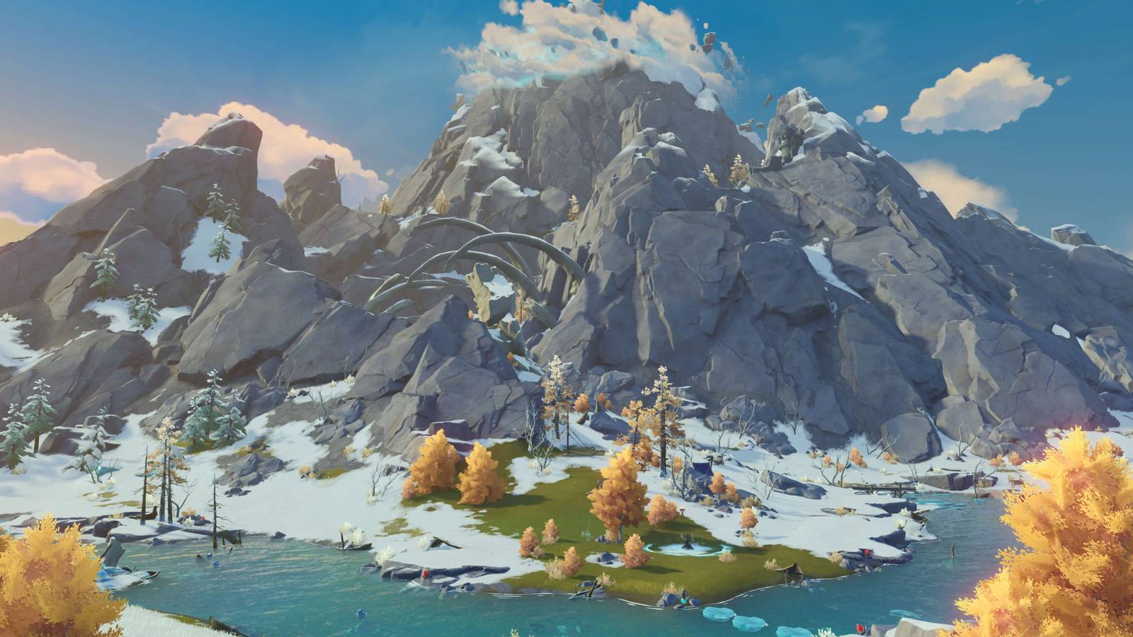 An image from Genshin Impact showing the snowy Dragonspine mountain.