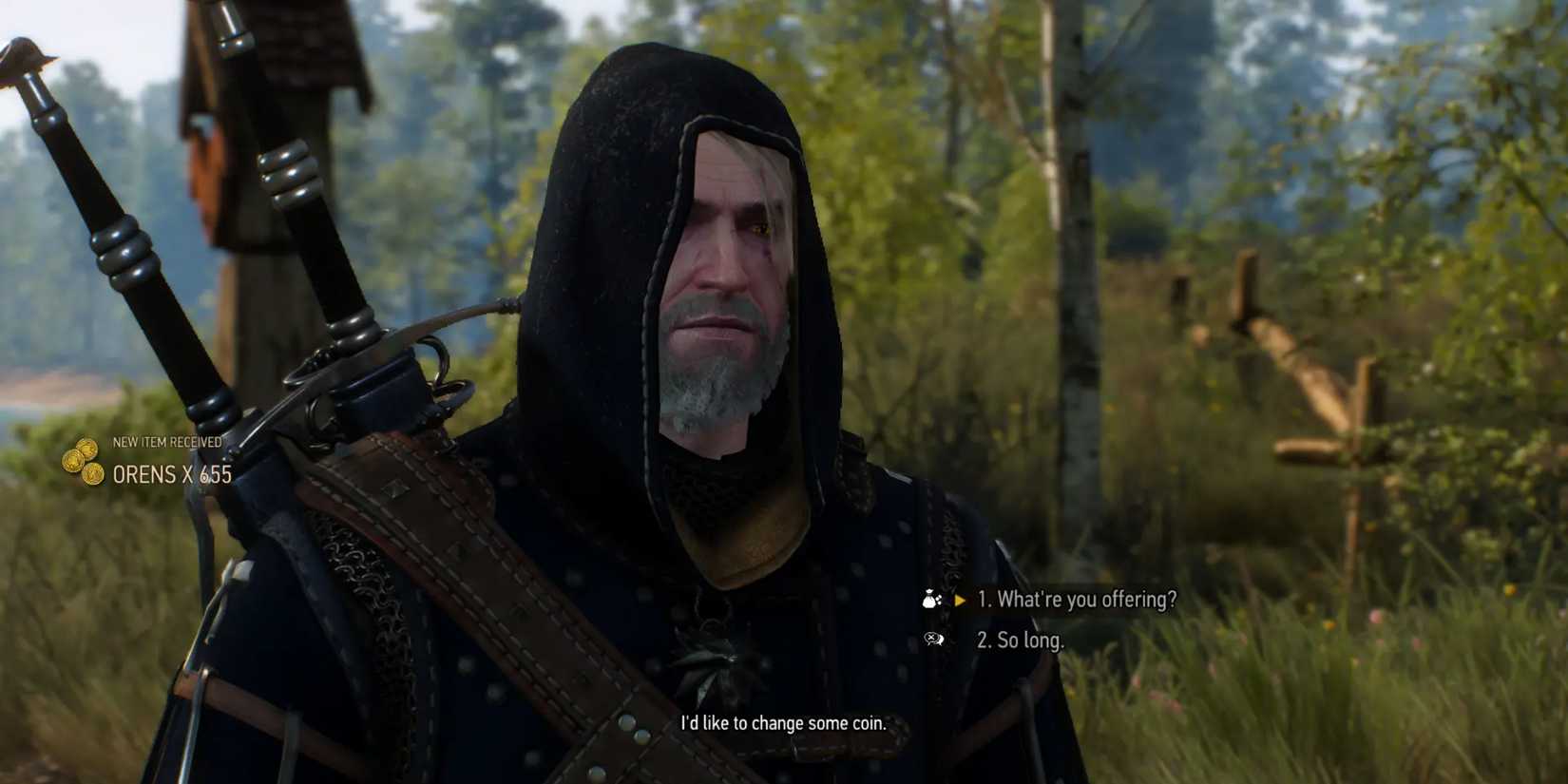 Geralt converses with an NPC to exchange coin in Florens – Orens – Crowns, a leading Witcher 3 RedKit mod