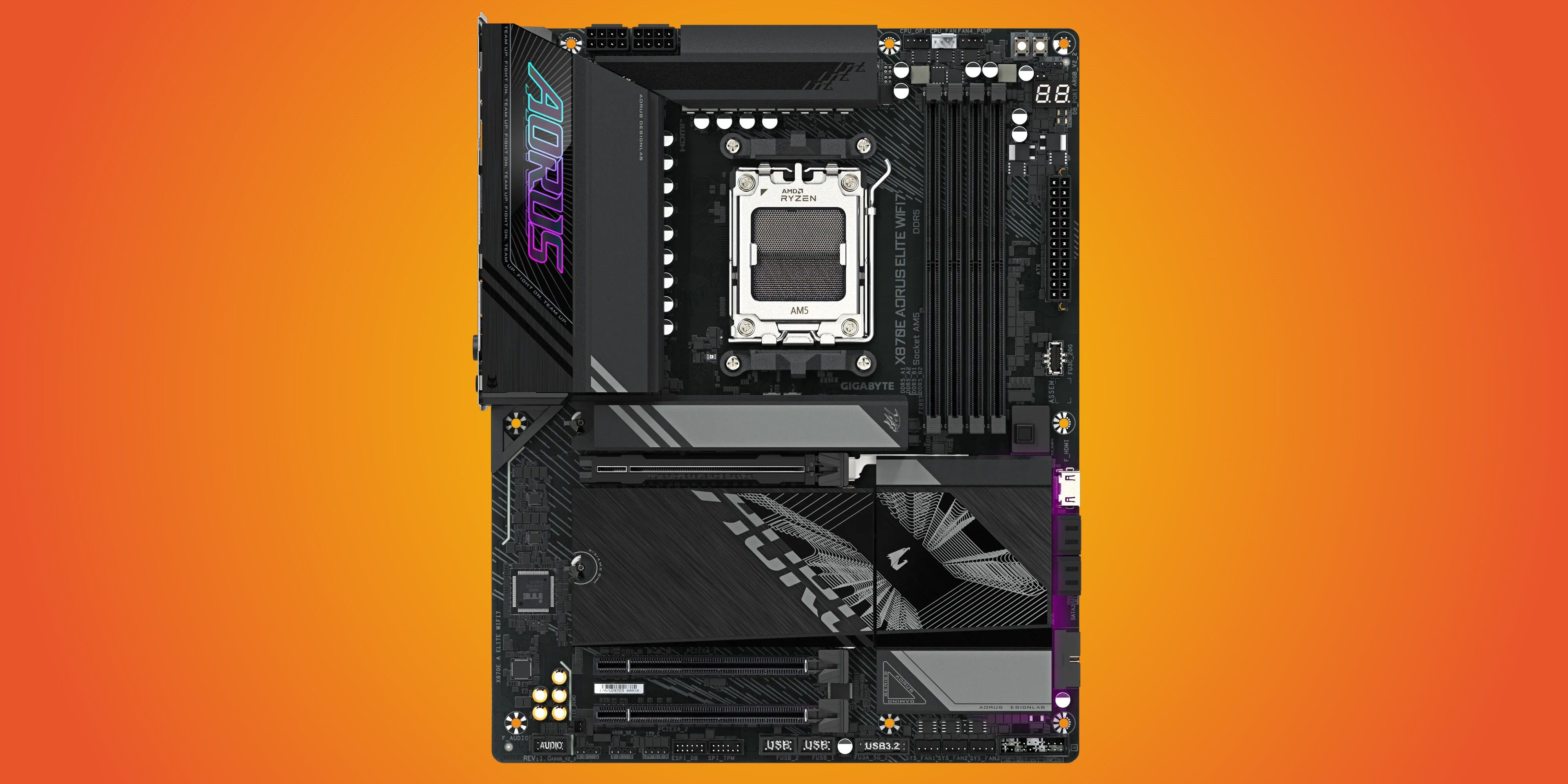 Gigabyte X870E Aorus Elite WiFi7 on an orange background