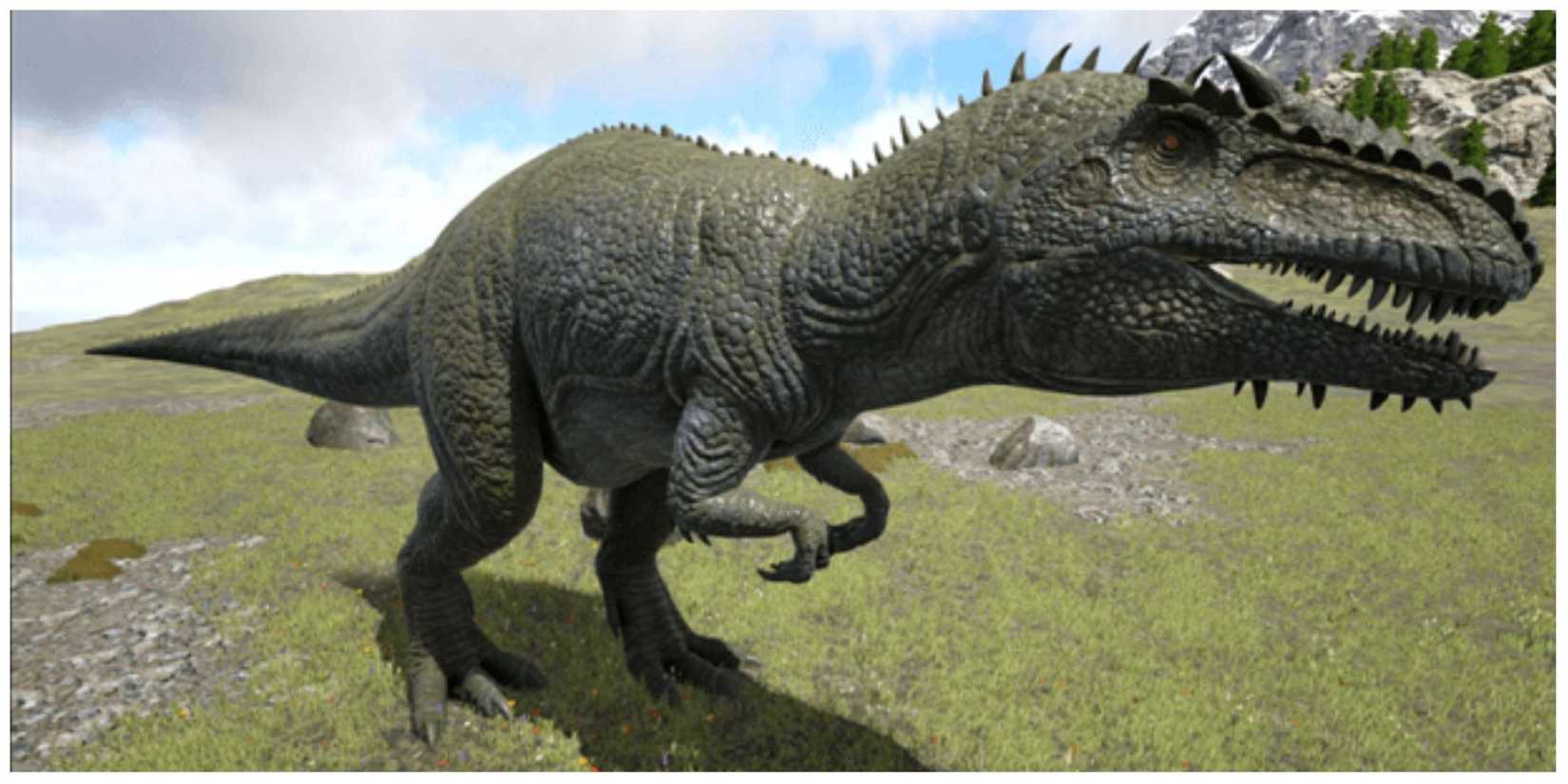 Giganotosaurus  standing in grasslands with hill in back right