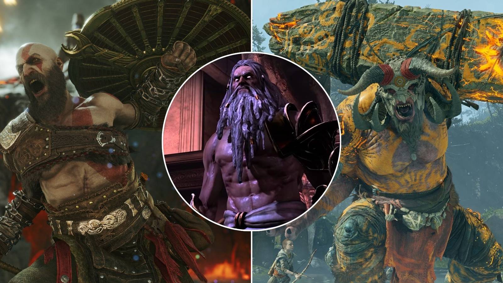 A collage of three elements from the God of War that the new Amazon Prime Video series needs to get right: Kratos' weapons, Zeus from his Greek Backstory and the enemies and bosses.