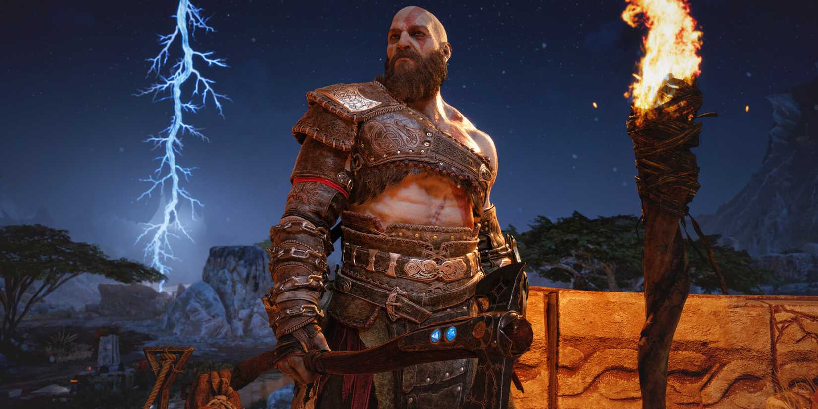 God of War Ragnarok Kratos standing between ice and fire