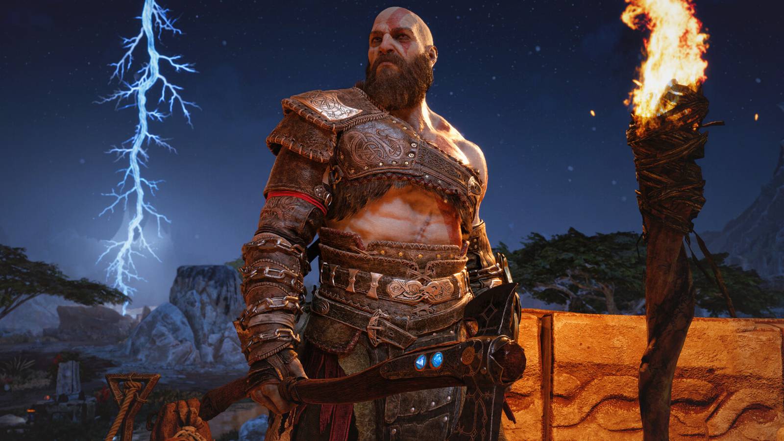 God of War Ragnarok Kratos standing between ice and fire