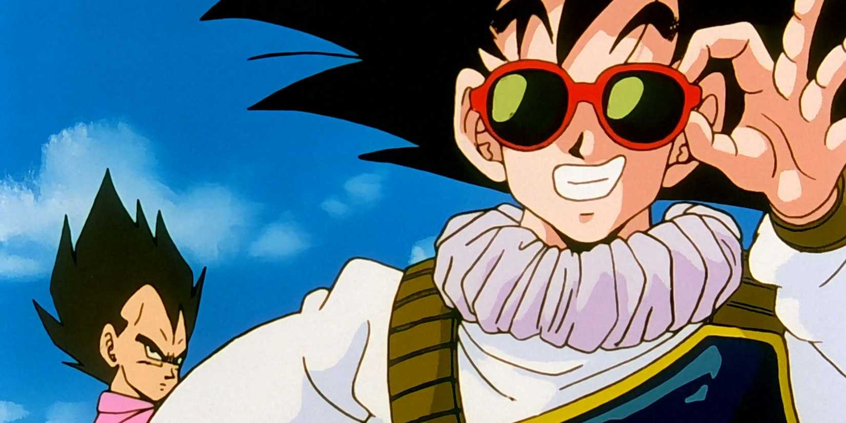 picture: goku with krillin's sunglasses and yardratian clothes.