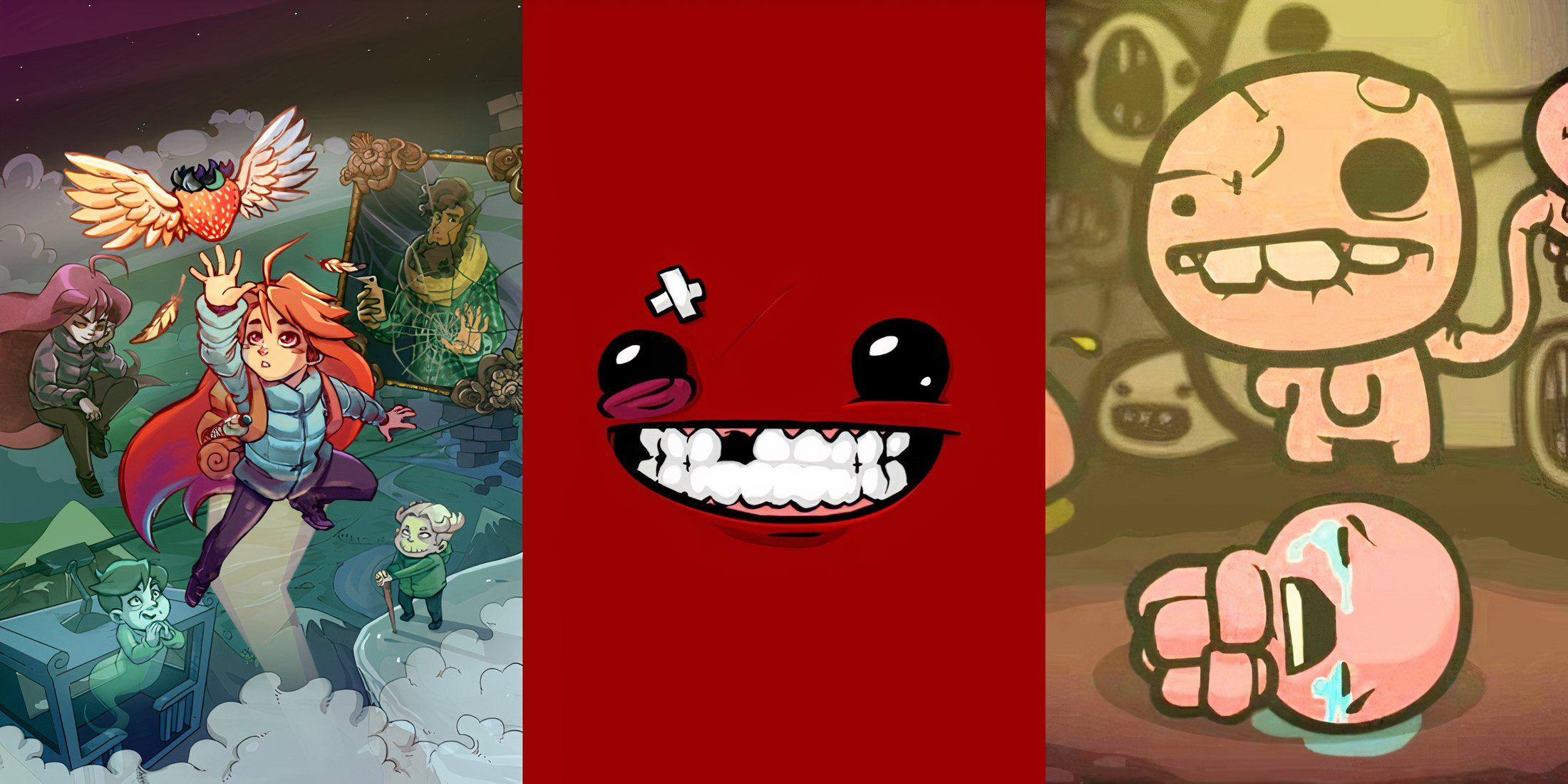 Feature image depicting Celeste, Binding of Isaac, and Super Meat Boy