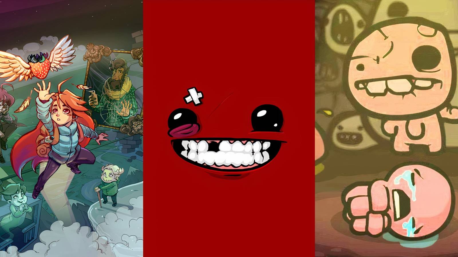 Feature image depicting Celeste, Binding of Isaac, and Super Meat Boy