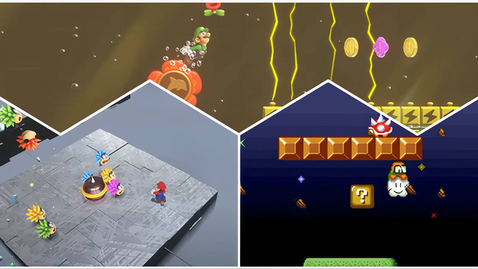 Split image of Luigi in Mario Wonder, Mario in Mario Odyssey, Lakitu in The Lost Levels