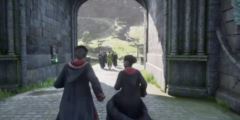 Hogwarts Legacy running through the school together