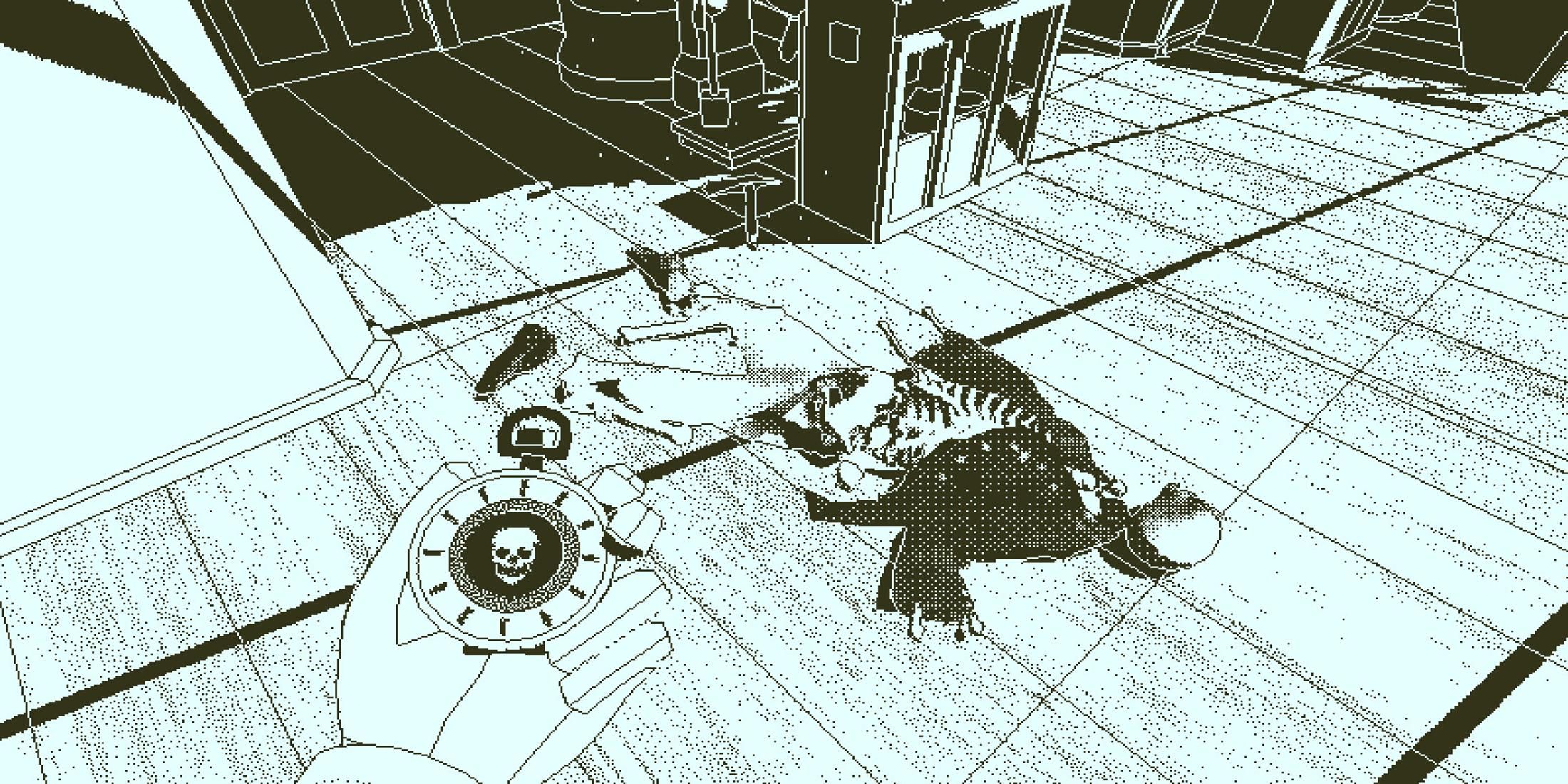 Holding a stopwatch and looking at a dead body in Return Of The Obra Din