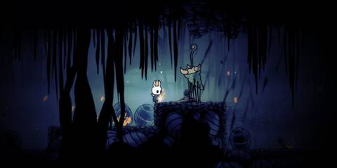 The Hollow Knight travelling through a swamp in Hollow Knight