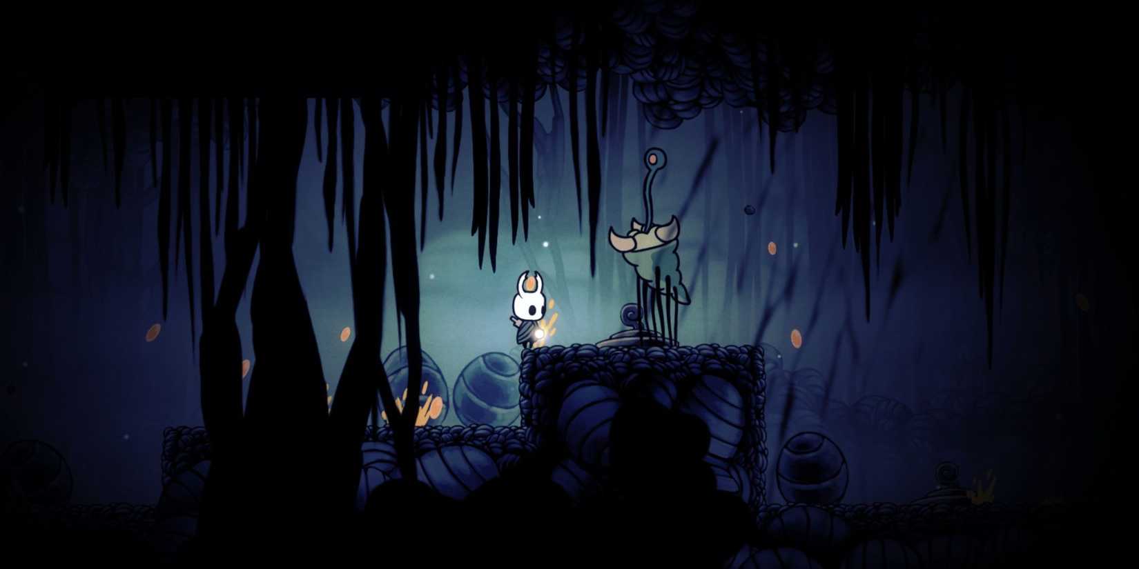The Hollow Knight travelling through a swamp in Hollow Knight