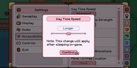 how to change day length in fields of mistria 