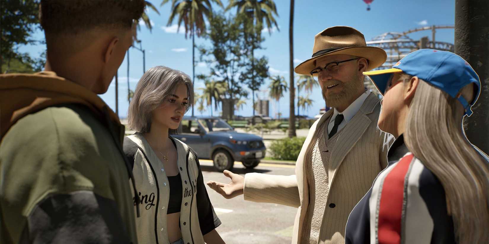 inzoi characters talking outside with palm trees behind them