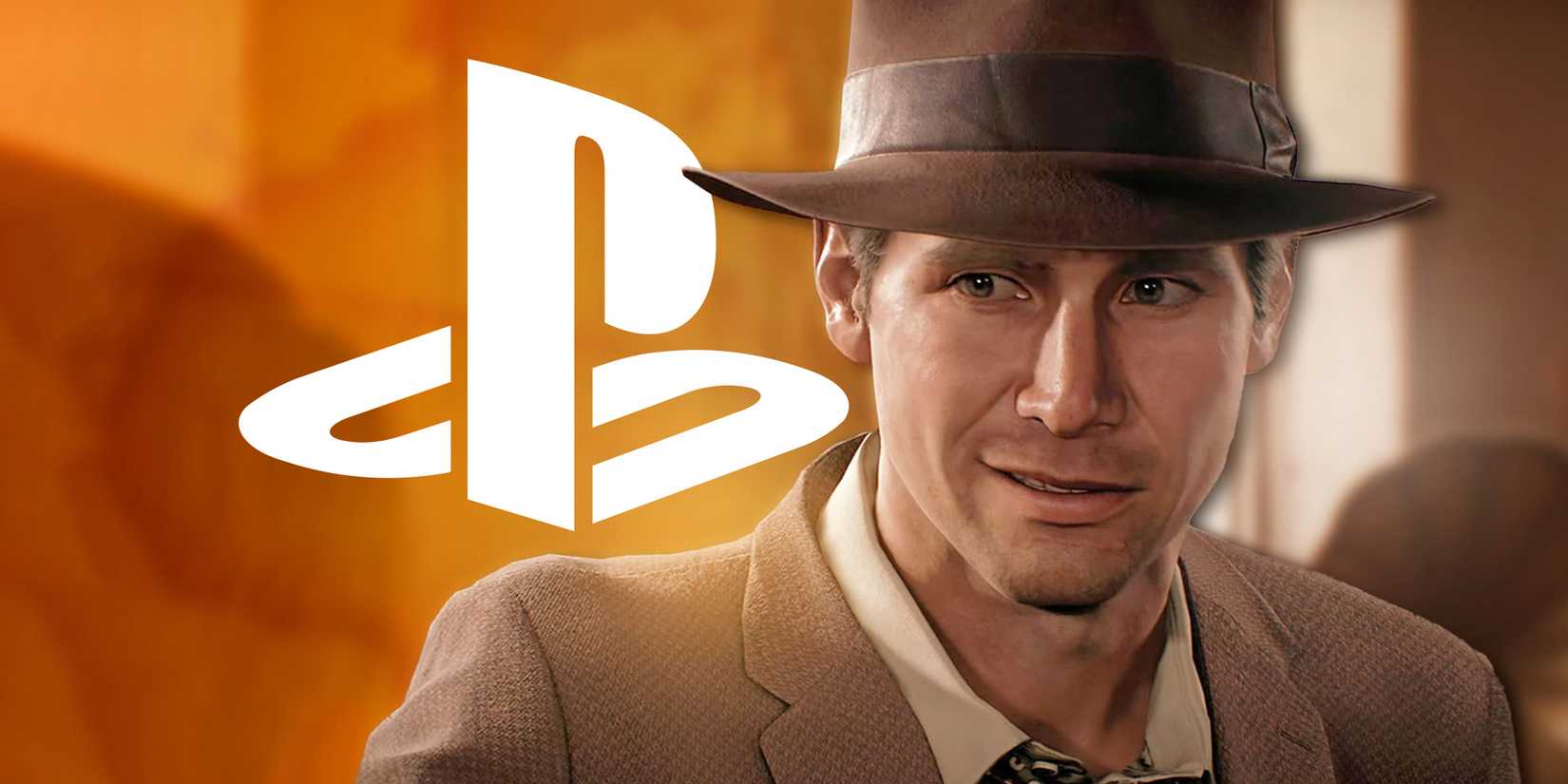 Indiana Jones and the Great Circle Indy next to white PlayStation logo submark emblem 2x1 composite