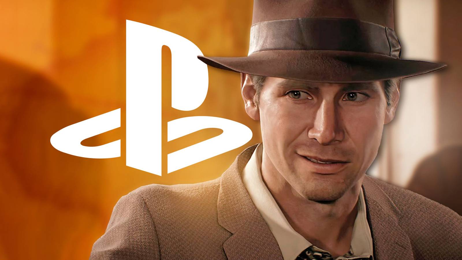 Indiana Jones and the Great Circle Indy next to white PlayStation logo submark emblem 2x1 composite