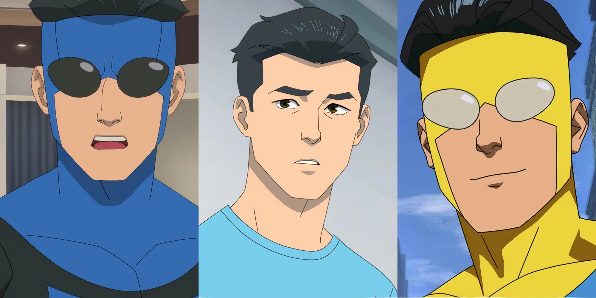 Invincible in his blue suit, Mark Grayson at the hospital, and Invincible in his iconic yellow and blue suit in Invincible