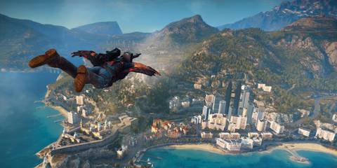 Rico gliding toward Medici in Just Cause 3