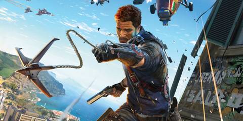 Rico using his grappling hook in Just Cause 3