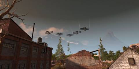Kaiserpunk aeroplanes flying over in formation
