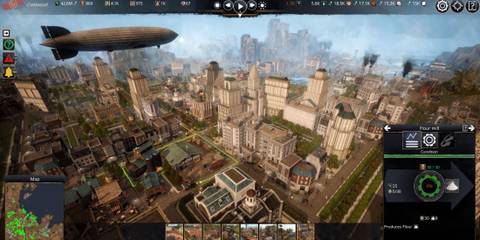Kaiserpunk city view with a zeppelin flying over