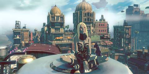 Kat sitting on the roof of a building in Gravity Rush