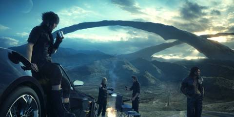 Key Art From Final Fantasy 15 Showing The Game's Central Party Of Characters Relaxing With Oneanother