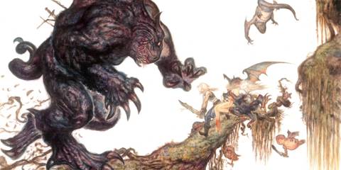 Key Art From Final Fantasy 9 Showing The Game's Protagonists In Active Combat With A Hulking Enemy