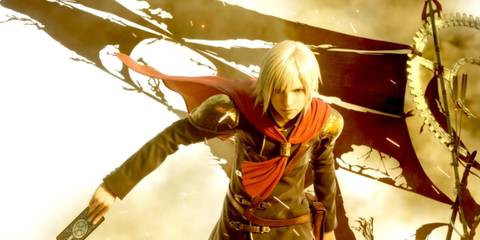 Key Art From Final Fantasy Type-0 Showing The Game's Protagonist In An Action Pose With A Flag Behind Them