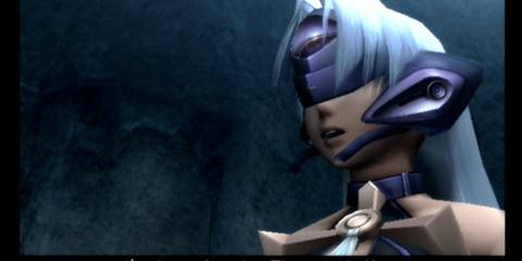 KOS-MOS wearing purple armor in Xenosaga Episode III cutscene.