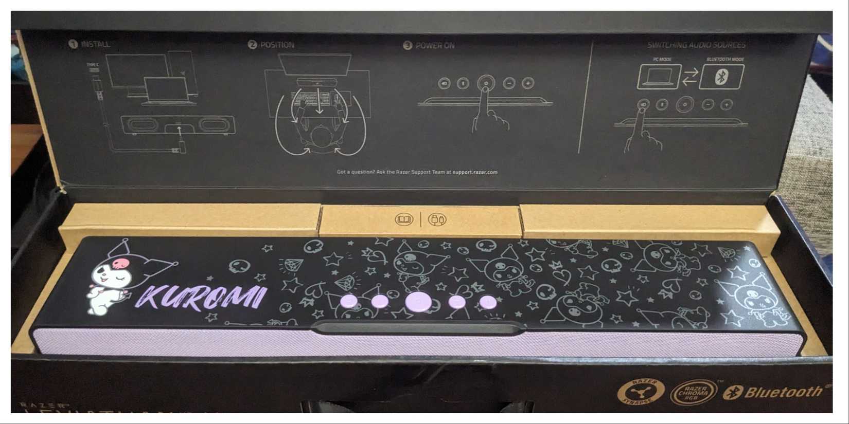 kuromi soundbar packaging instructions and buttons