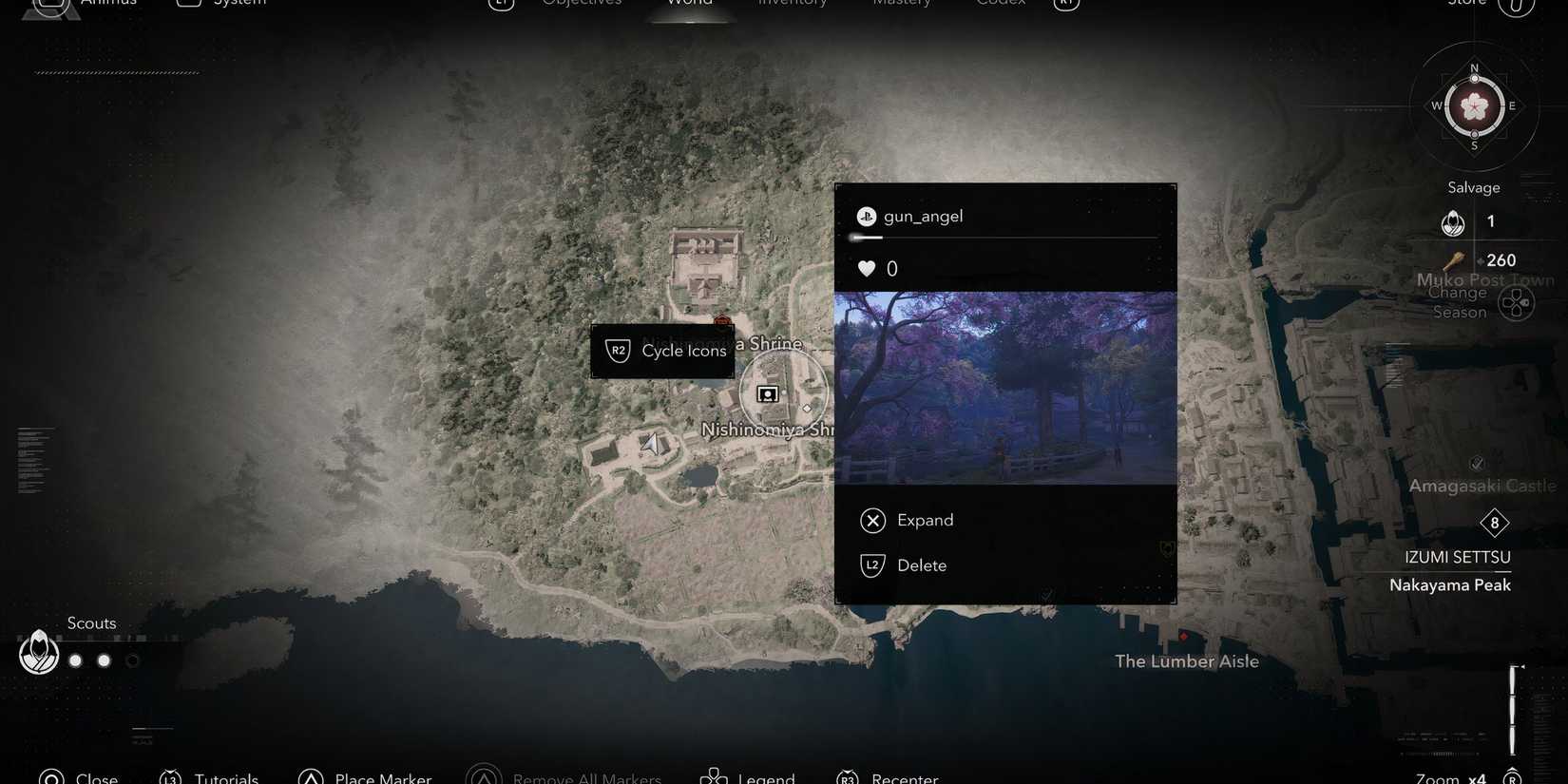 Looking at a photo on the world map in Assassin's Creed Shadows