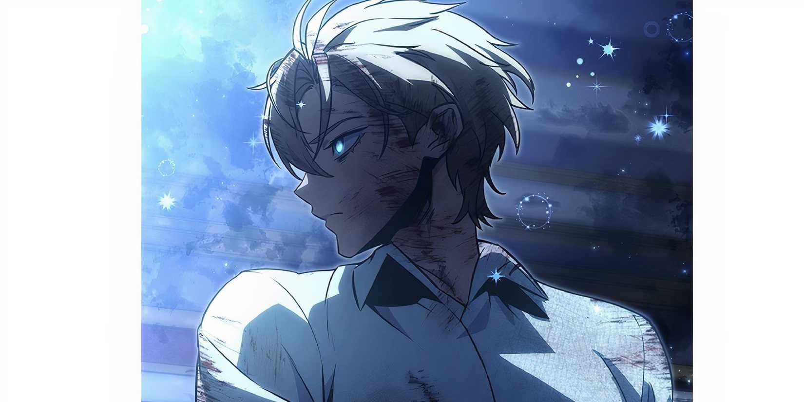 main character of The Extra's Academy Survival guide after he is isekaied. Eyes glowing blue.