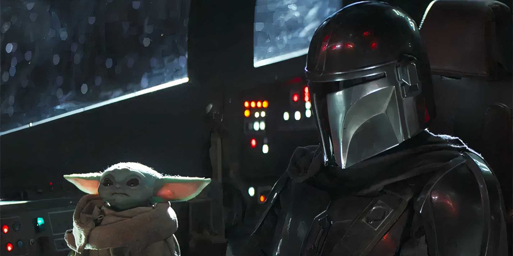 Mandalorian in the ship with Grogu 